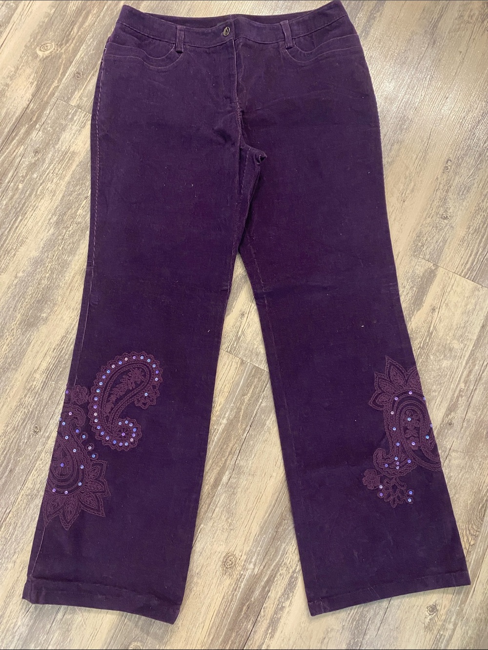 Etcetera Boho Embroidered Sequin Corduroy Pants Purple Size 14